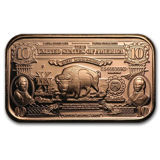 1 Unze Kupfer Bar $10 Bison Banknote