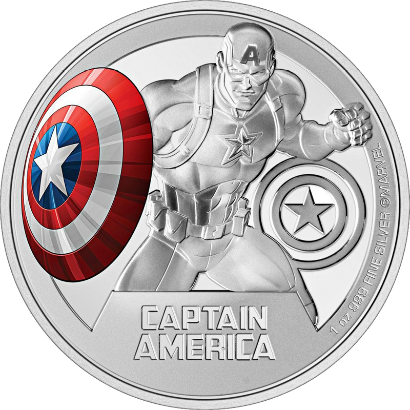 1 Unze Silber Marvel Captain America 2023 PP (Auflage: 5.000 | coloriert | Polierte Platte)