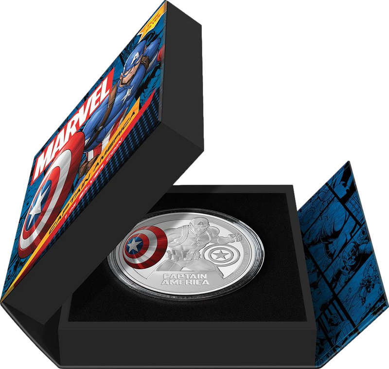 1 Unze Silber Marvel Captain America 2023 PP (Auflage: 5.000 | coloriert | Polierte Platte)