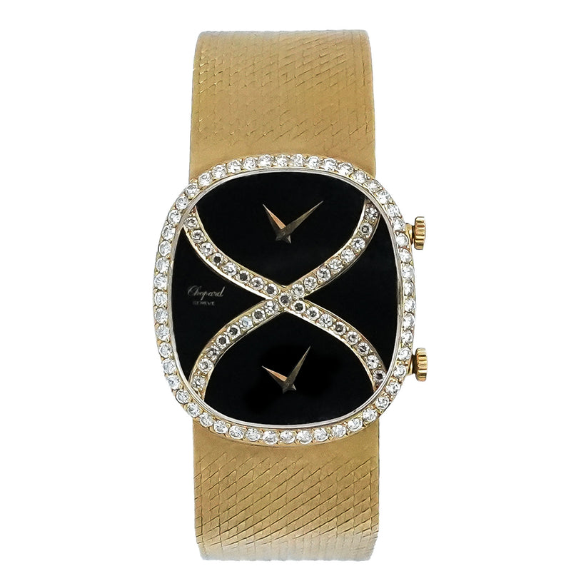 Rare Yellow Gold Onyx Dual Time Factory Diamond Setting 1970 -