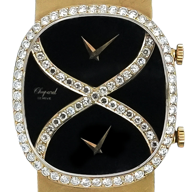 Rare Yellow Gold Onyx Dual Time Factory Diamond Setting 1970 -