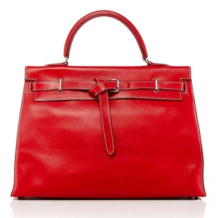 Hermes Red Swift Leather Palladium Plated Kelly Flat 35 Bag