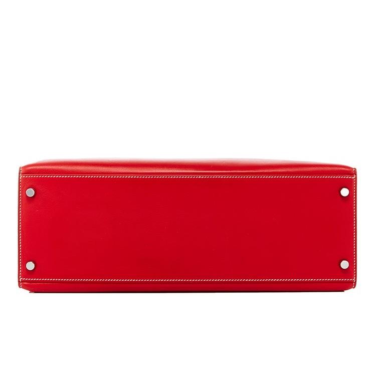 Hermes Red Swift Leather Palladium Plated Kelly Flat 35 Bag